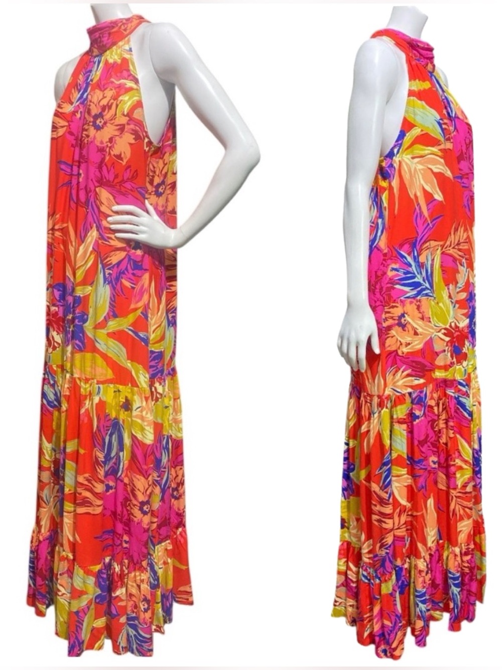 MSK Floral Printed Tiered Halter Neck Maxi Dress Orange Pink Sleeveless Sz Large - Picture 4 of 15